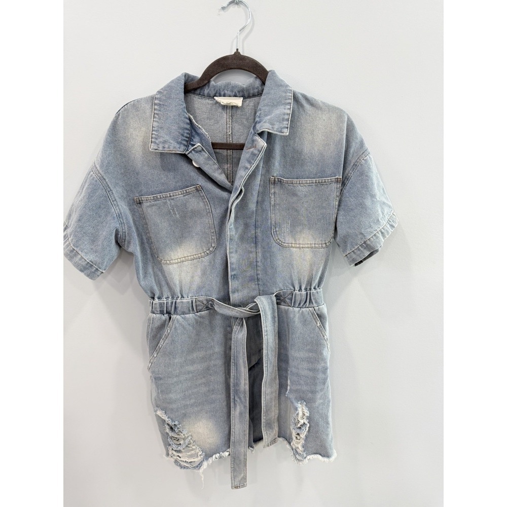 Love & Harmony Denim Romper M Distressed Tie Waist Short Sleeve Cowgirl Festival